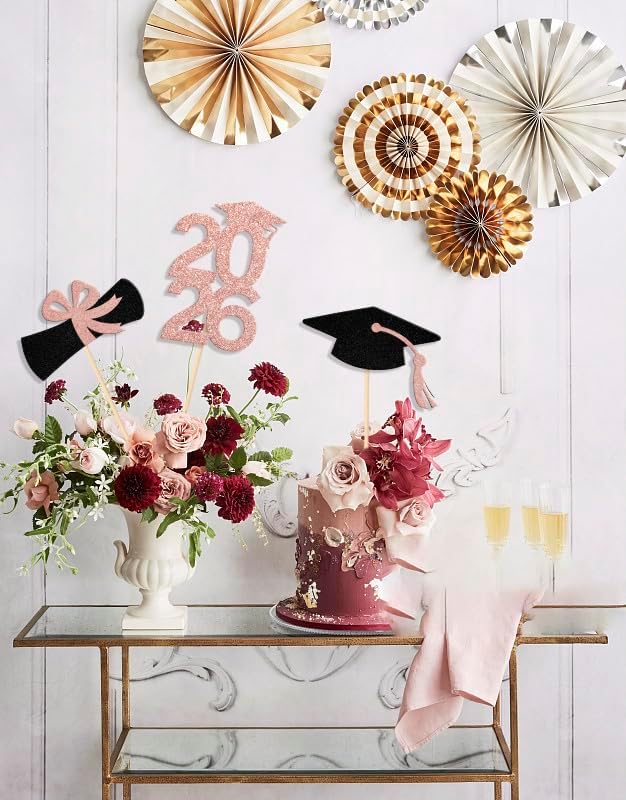 12Pcs Graduation 2026 Graduation Centerpiece Sticks Class of 2026 Party Decor Table Toppers for College High School Graduation Party Supplies Rose Gold & Black