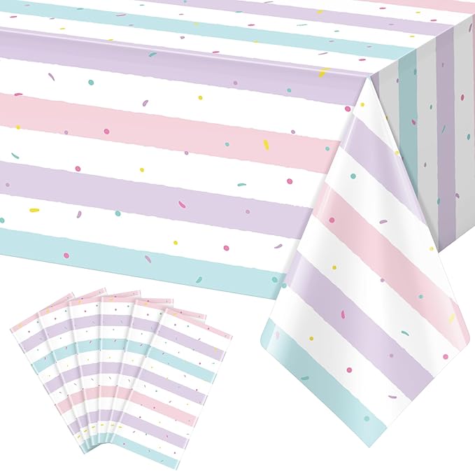 6 Pack Sprinkle Ice Cream Tablecloth Party Decorations, Ice Cream Birthday Plastic Party Supplies, Donut Disposable Rectangle Table Cover for Kids Girls Sweet One Birthday Baby Shower, 54 x 108 Inch