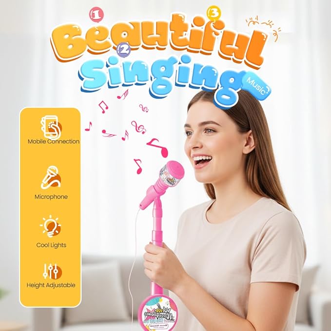 Kids Star Microphone with Stand, All-in-One Portable Karaoke Machine, Colorful Lights & Echo Effects, Easy-to-Use Singing Toy for Birthday Parties & Music Play (Blue)