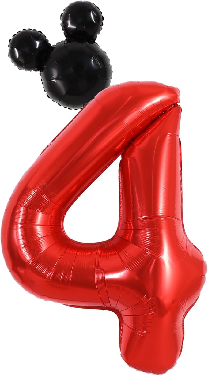 Vuzvuv 40 Inch Mouse Number Balloon No.4, Black Mouse Head Balloon and Red Giant Giant Number Four Balloon for Birthday, Mouse Theme Party Supplies, Baby Shower,Anniversary Decoration