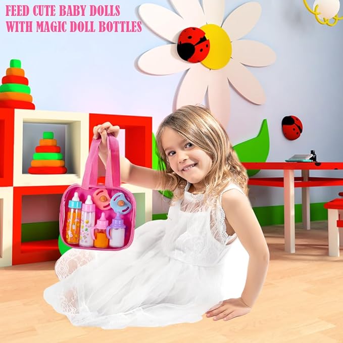 fash n kolor® My Sweet Baby Disappearing Doll Feeding Set, Baby Care 6 Piece Doll Feeding Set - for Toy Stroller | 2 Milk & Juice Bottles with 2 Toy Pacifier for Baby Dolls Set - Kids Gift Set