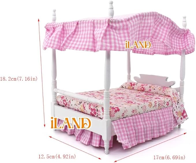 iLAND Wooden Dollhouse Furniture on 1/12 Scale of Pink Dollhouse Bedroom Set w/Piano (Sweet Doll Furniture 6pcs)
