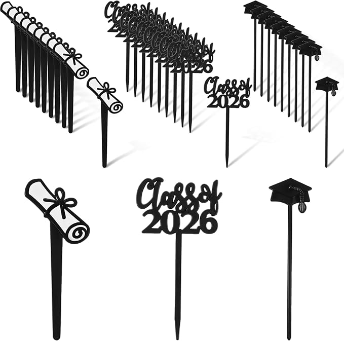 Boao 90 Pieces Class of 2026 Theme Graduation Cake Topper Plastic Cupcake Picks Graduation Cupcake Decorations for Party Supplies and Favors, 3 Styles(Black)