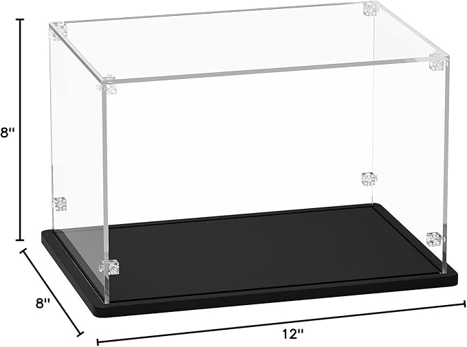 Acrylic Display Case 12x8x8 Inch - 3mm Thick Acrylic Display Box with Black Wooden Base, Assemble Dustproof Showcase Clear Display Case for Collectibles Figures Doll Toys Models Organizing