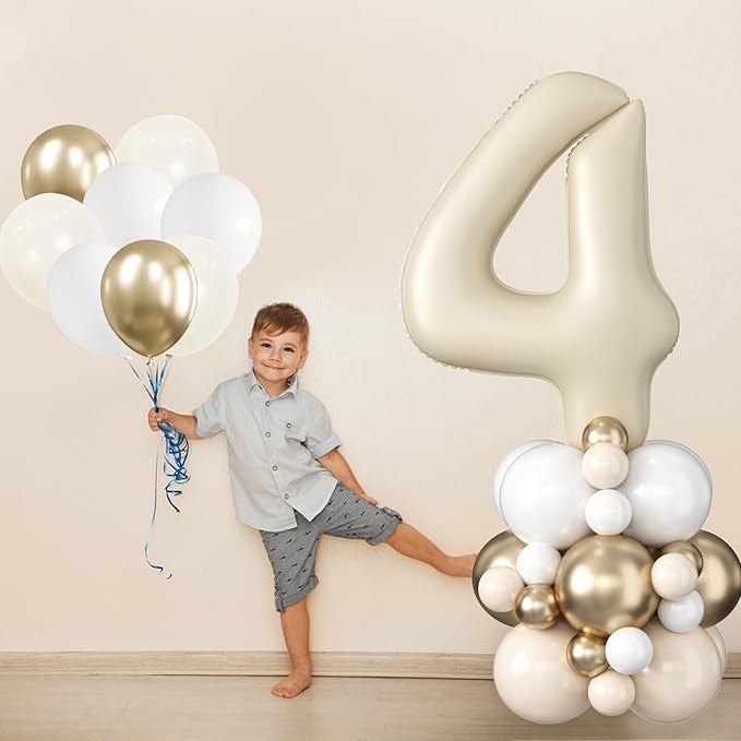 40 Inch Cream Number 4 Balloon for 4th Birthday Decoration Beige White Sand Number Four Foil Balloon Tower Giant Large Nude Neutral Digit Helium Balloons Stack for Girls Boys Anniversary Party