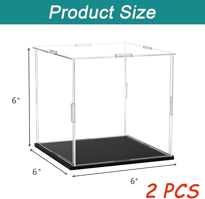 Frcctre 2 Pack Clear Acrylic Display Case with Black Base, 6 x 6 x 6 Inch Square Acrylic Display Box Self-Assembly Cube Dustproof Protection Showcase for Action Figures Toys Collectibles