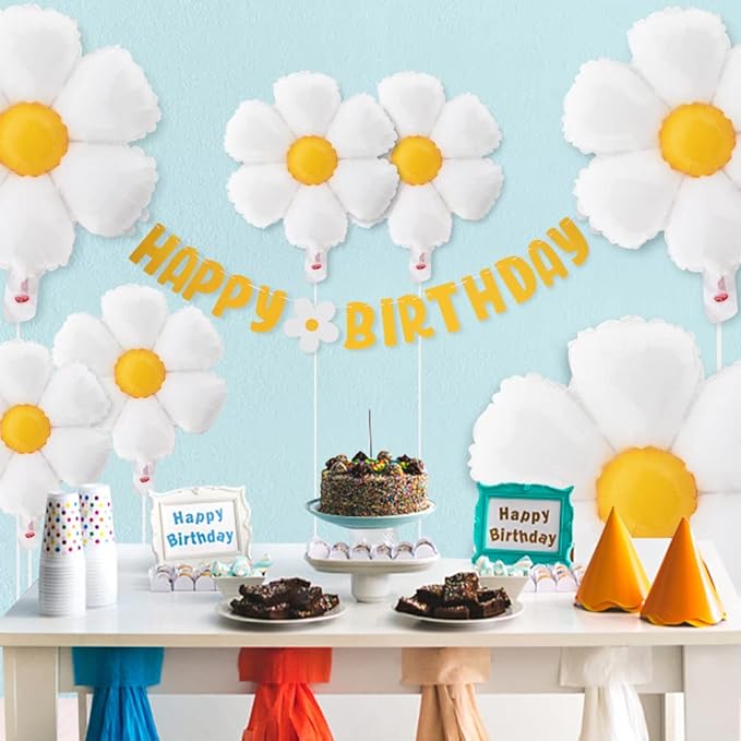 10pcs set Daisy Balloons, Shower Decoration Banners,Happy Birthday Decorations Felt Bunting for Girls Boys Birthday Party Supplies(Yellow+White)