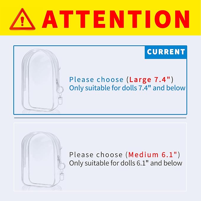 Protective Case for Labubu Plush Doll, Clear Bag Hanging Display with Keychain, Toy Storage Box carrier, PVC Transparent Figure Cover, Carrying Pouch Accessories(Doll Not Include) (Large 7.4")