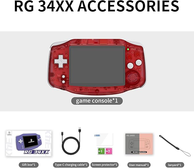RG 34XX Retro Handheld Game Console Linux 64-bit 3.4 inch IPS Screen 32+64G Card RG 34XX Portable Gaming Console 5000+ Preloaded Games 3500mAh Battery Compatible with WiFi HDMI Bluetooth Red