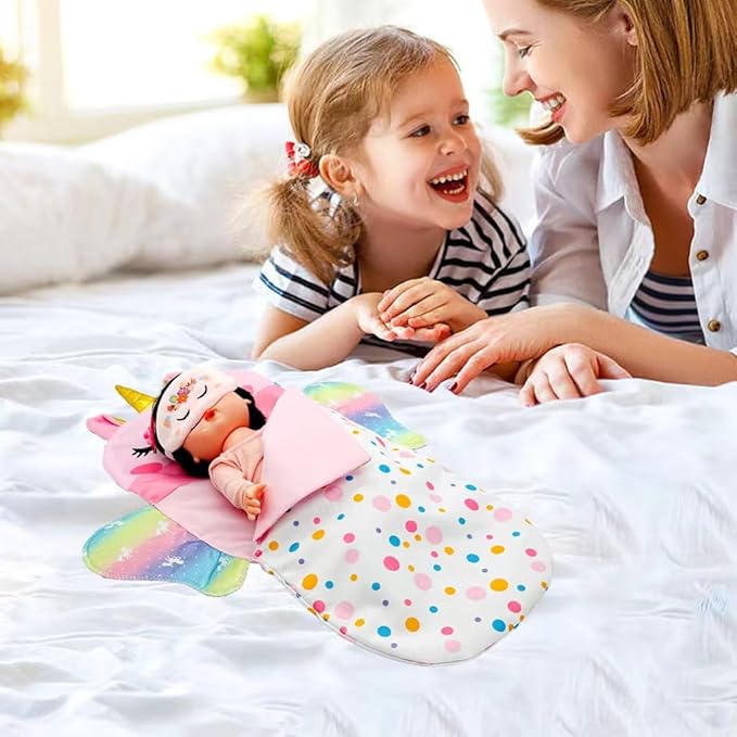 Baby Doll Sleeping Bag Toy Playset Rainbow Unicorn Doll Bedding Slumber Bed Accessories with Eye Mask Doll Unicorn Style Sleeping Bag (for 12 inch Doll)