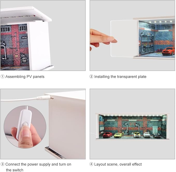 1/64 Model Car Display Case Diecast Diorama Garage，Simulated Parking Lot Model Miniature Scene Parking Lot PVC Assembly with Light Parking Space Model Display Frame Toy Display Box (Grey)