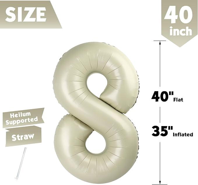 40 Inch Cream Number 8 Balloon, Giant 8 Number Balloons for 8th Birthday Decorations, Party Supplies for Baby Boy Girl, Cream Party Decor