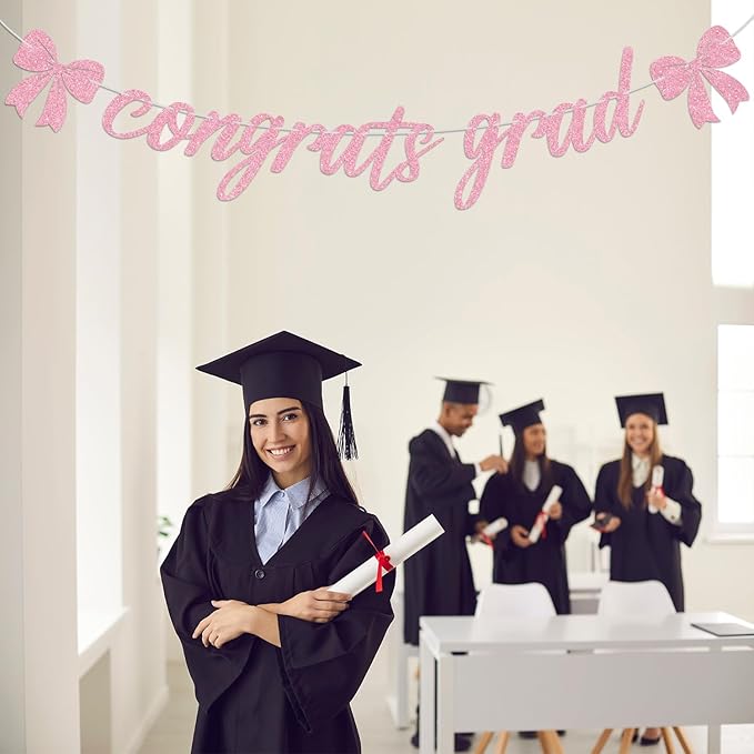 Pink Glitter Congrats Grad Banner, Congrats 2026/Class of 2026/So Proud of You, 2026 Graduation Party Decorations Supplies