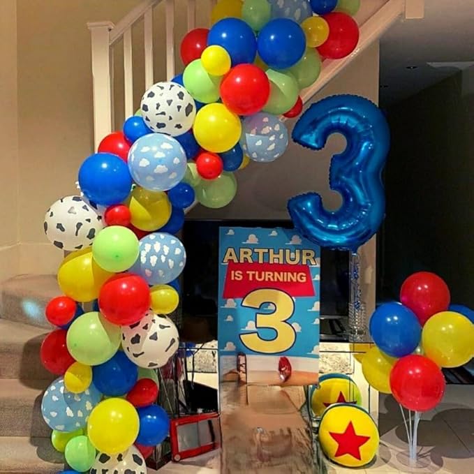 Toy Inspired Story Balloons, 12 Inch Cow Print Sky Blue Cloud Balloons Red Blue Yellow Green Balloons for Kids Boys Birthday Party Farm Themed Halloween Party Decorations