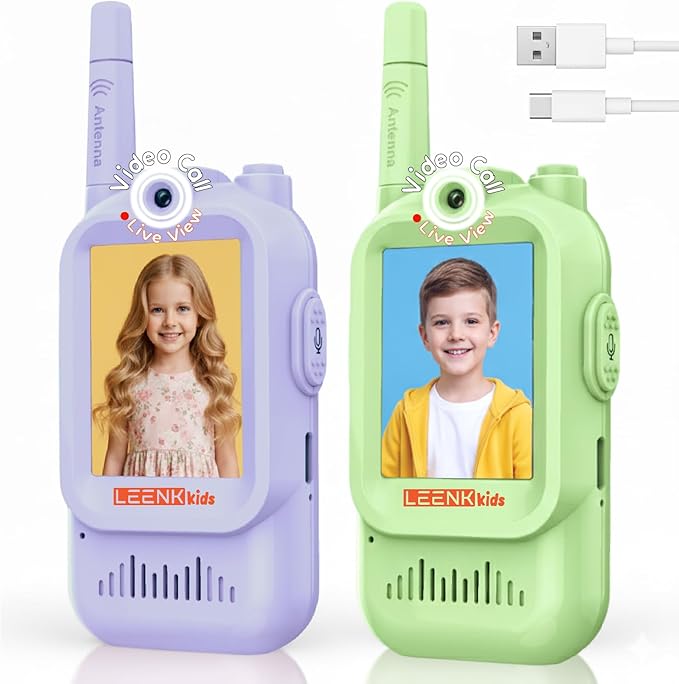 LEENK Video Walkie Talkies for Kids 2 Pack – Rechargeable Video Intercom Handheld, Indoor & Outdoor Range, Easy Use for Ages 3-12, Eco ABS, Clear Voice & Long Distance Communication (Green & Purple)