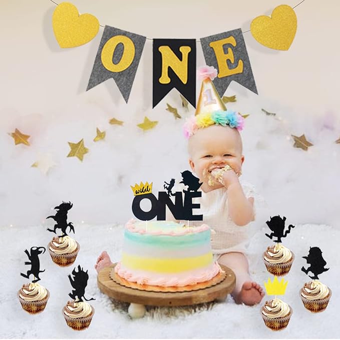 JOYMEMO Wild One Birthday Party Decorations Set, Black Gold Wild One Balloons, I'll Eat You Up I Love You So Banner, Cake Toppers for Boys 1st Birthday Party Supplies