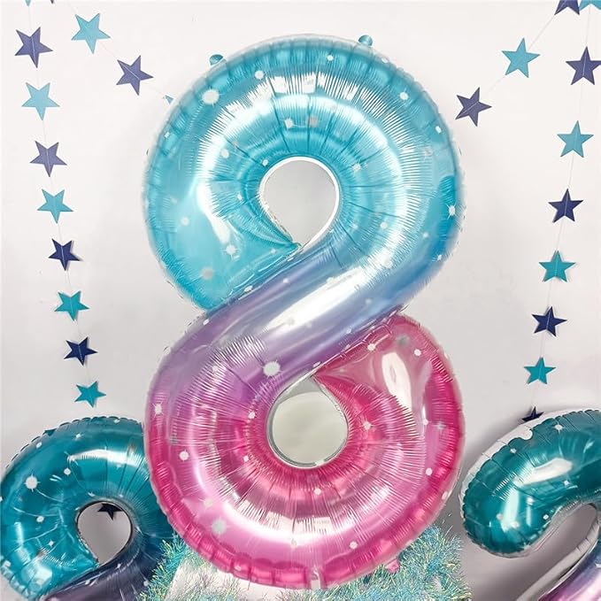 Purple Teal Number 8 Balloons, 40 Inch Giant Mermaid Starry Mylar Foil Number 8 Ballon for Girls, Self Inflating 8th Birthday Helium Balloon for Women 8th Anniversary Party Decorations Supplies