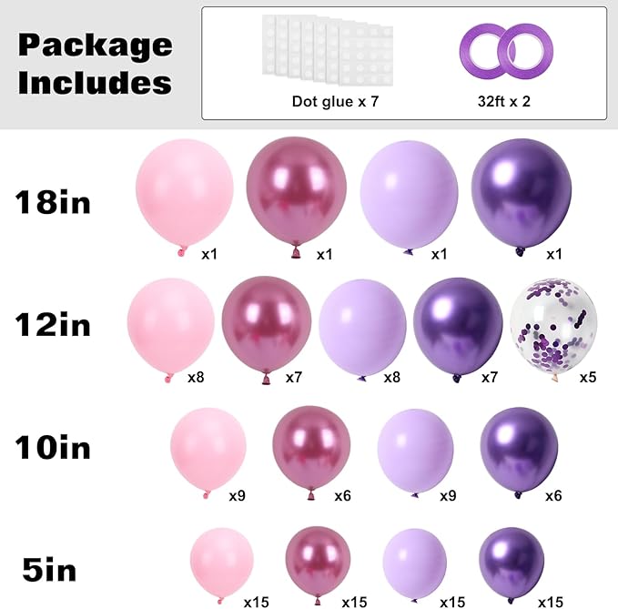 RUBFAC Pink Purple Balloon Garland Arch Kit 129pcs Different Sizes Pack of 18 12 10 5 Inch, Latex Metallic Confetti Lavender Purple Pastel Pink Balloon Garland Arch Kit for Birthday Wedding