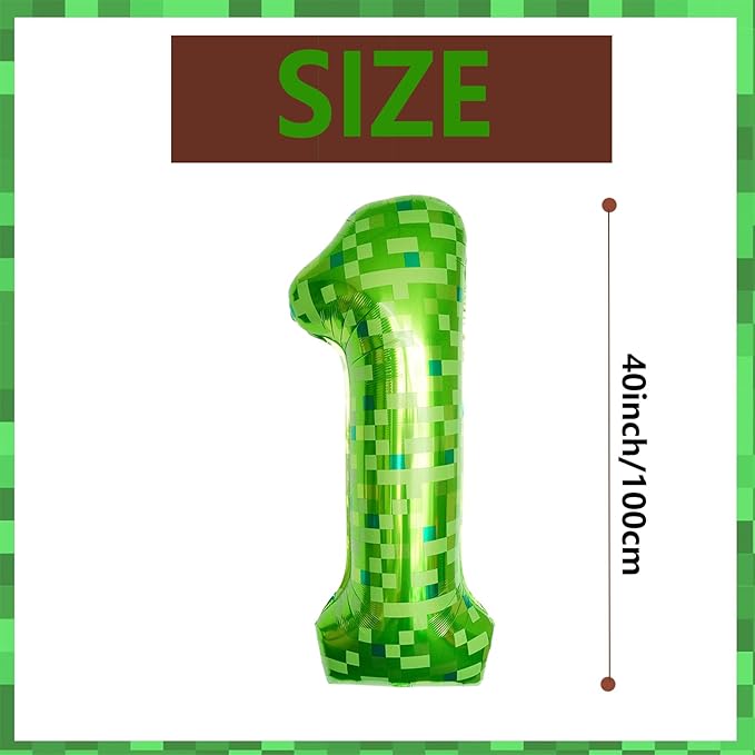 40 Inch Green Pixel Miner Number 1 Foil Balloons Large Mylar Mining Theme 1st Number Balloon Video Game Birthday Decorations Pixel Game Party Supplies