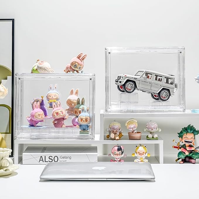 LED Lighted Display Case for Figures, Multi-Level Acrylic Display Box with Magnetic Door, Clear PET Organizer for Collectibles, Action Figures, Miniatures & Anime Desk Decor