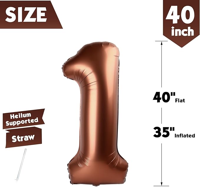 40 Inch Coffee Brown Number 1 Balloon, Giant Number 1 Balloons for 11th 12th 21st Birthday Decorations, Party Supplies for Baby Boy Girl, Coffee Brown Party Decor