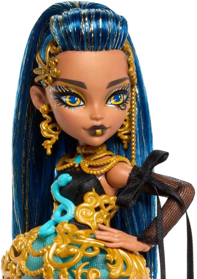Monster High Scary Sweet Birthday Doll, Cleo De Nile in Golden Party Dress with Themed Accessories Like Invite, Balloon, Gift, Lipstick and More
