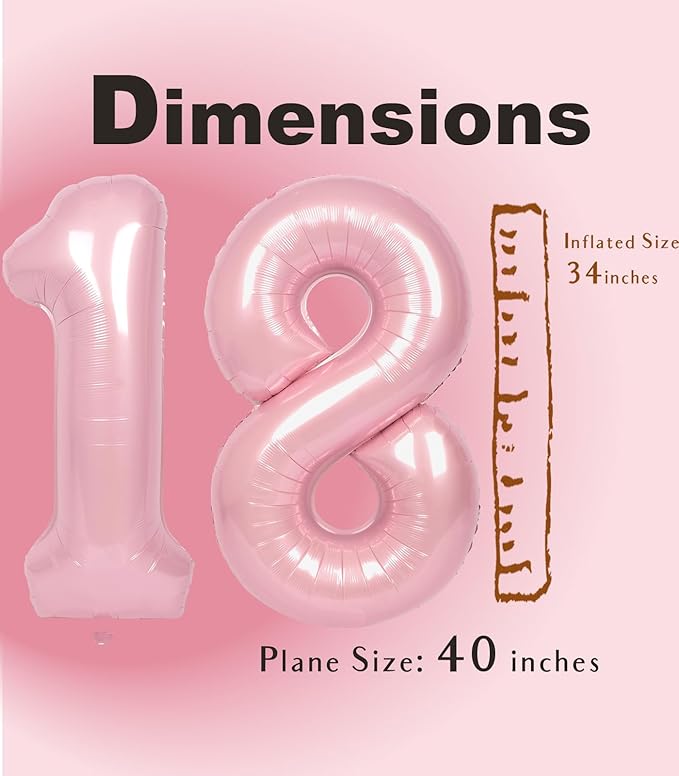 SUWEN 40 Inch Pink Large 18 Number Balloons Big Foil Helium Number Balloons 0-9 Jumbo Happy 18th Mylar Birthday Party Decorations for Girl or Women 81 Anniversary Party Supplies