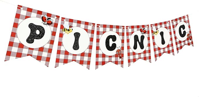 Picnic Letter Banner, red and white Gingham Swallowtail flags, teacher banner, classroom, birthday, insects banner,Picnic Happy Birthday Banner - BBQ Birthday Party Pennant - Red Gingham Banner,