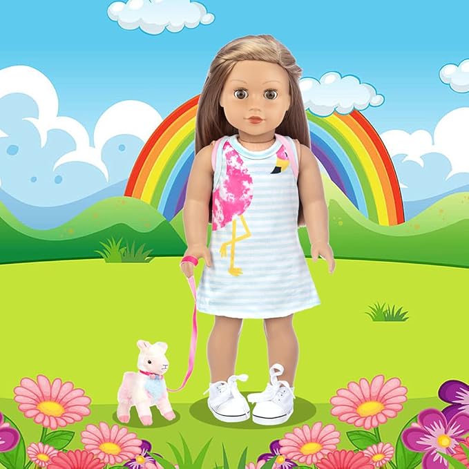 Ecore Fun 18 Inch Girl Doll Carrier Bag with Clothes and Accessories, Including Dress, White Cloth Shoes, Doll Backpack, Sunglasses, Toy Lamb