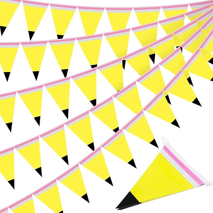 Tiamon 5 Pcs Pencil Pennant Banner Flags 10 Feet Back to School Pencil Decorations First Day of School Decorations Paper Garland Triangle Flags for Classroom Ceiling Teacher Office Hanging Decor