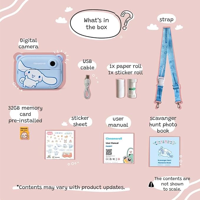 kiimento Sanrio Licensed Instant Print Digital Camera, Best Travel Buddy Cinnamoroll, 2.4” HD Screen, Ink-Free B&W Printing, Selfie Lens, 1080p Video, 32GB Memory Card (Model P)