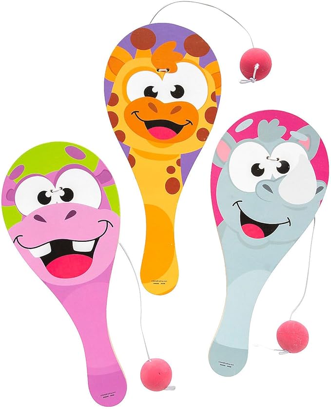 Fun Express 4" x 9" Big Eye Wacky Zoo Animal Paddleball Games - 12 Pieces