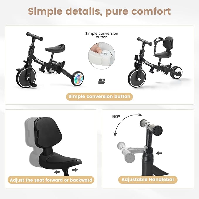 5-in-1 Tricycle for Toddlers 1-3, Convertible Toddler Bike with Push Handle & Removable Pedals, Balance Bike with Colorful Lighting Wheels, Adjustable Seat Height with Backrest (Black)