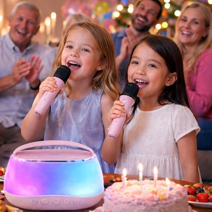 Kids Karaoke Machine with 2 Wireless Microphones, Bluetooth Speaker with Voice Changer & LED Lights, Portable Singing Toy Gift for Boys & Girls Ages 3–12