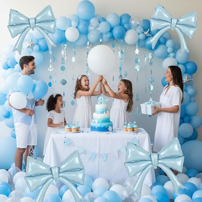 2pcs Dusty Blue Bow Balloons for Bow Party Decorations, Giant Light Baby Blue Mylar Foil Balloon for Coquette Party Decor Bow Themed Sweet 16 Birthday Bridal Baby Shower Bachelorette Wedding Supplies