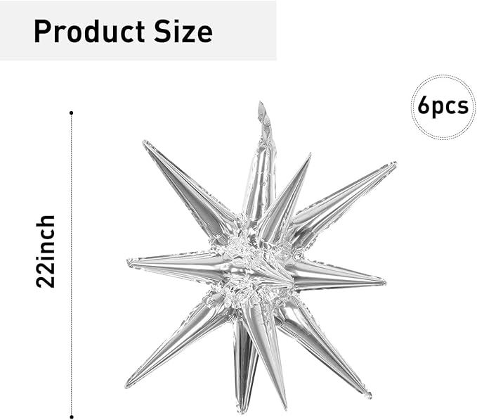 6 Pcs Silver Star Foil Balloons One-Piece 14-Pointed Star Balloon 4D Starburst Cone Mylar Balloon 22inch Christmas Birthday Wedding Wedding Anniversary Party Supplies(Silver)