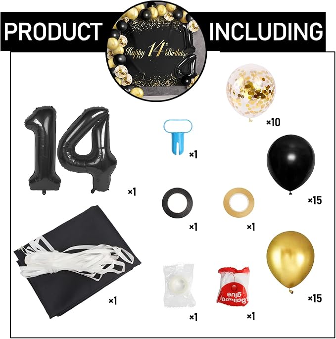 Happy 14th Birthday Balloons Black Set Decor - Cheers to 14 Years Old Party Theme Garland Banner Backdrop Decorations For Boy and Girl Supplies
