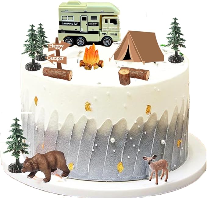 Camping Birthday Cake Topper，Camping Theme Kids Adults Forest Themed Birthday Party Supplies.