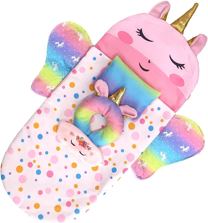 ONEST 5 Pieces 14 to 14.5 Inch Doll Clothes Doll Sleeping Bag for Dolls Include Unicorn Clothes Sleeping Bag, Pillow, Eye Mask, U Shaped Pillow
