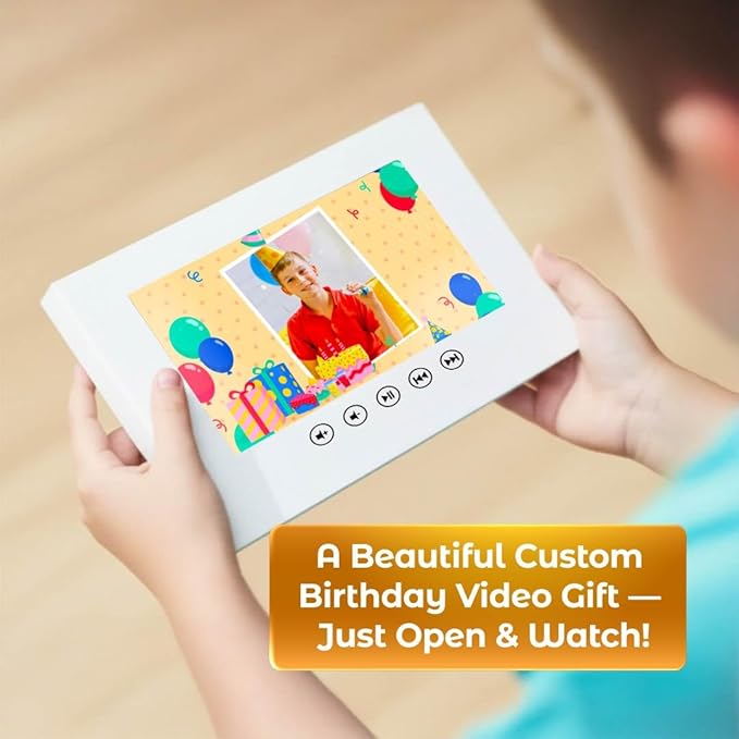 Personalized Video Greeting Card for Boy’s Birthday – Add Photos for Slideshow – 7” Digital Screen, Rechargeable Battery, 256MB Storage, Kids Keepsake Gift
