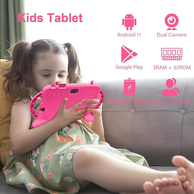 Kids Tablet, Android 11 Tablet for Kids 7 inch 2-10, Educational Learning Toddler Tablet, 3GB RAM+32GB ROM Storage, Google Play YouTube, Baby Girl boy Present (Red)