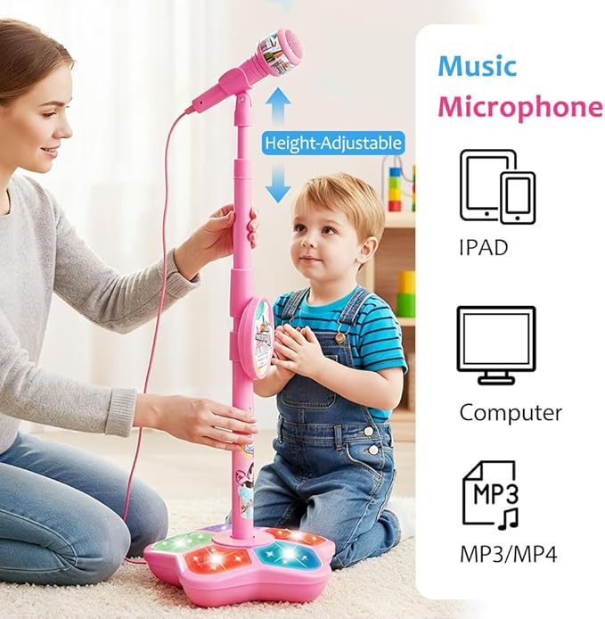 Microphone with Stand, 2026 New All in One Microphone Toy, Colorful Lights with Adjustable Height for Birthday Parties Singing (Black)
