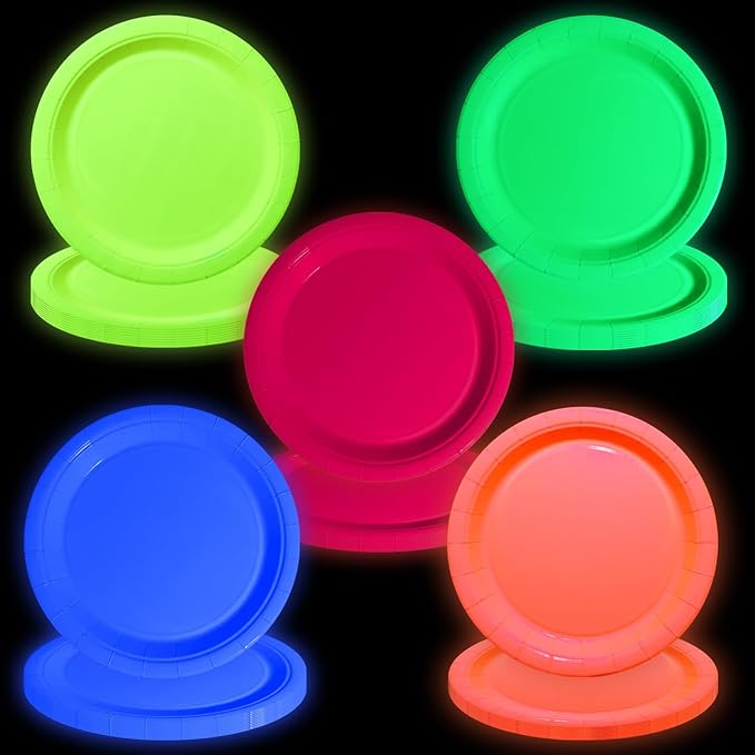 50 Pcs Colorful Neon Party Plates - Glow in the Dark Supplies Neon Birthday Paper Plates for Let's Glow Party Decorations Halloween, 9 x 9 inches