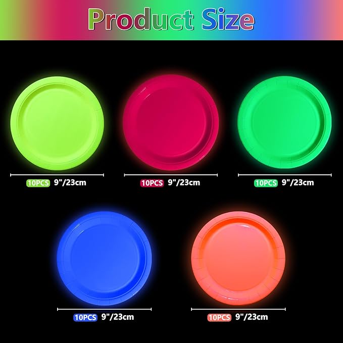 50 Pcs Colorful Neon Party Plates - Glow in the Dark Supplies Neon Birthday Paper Plates for Let's Glow Party Decorations Halloween, 9 x 9 inches