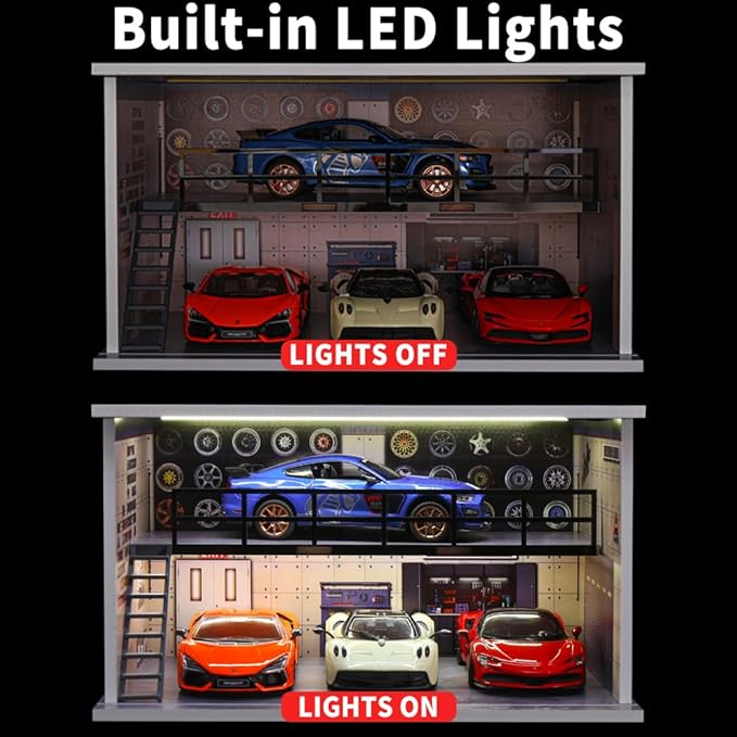 1/24 Scale die-cast Model car Display case with LED Light and Acrylic Cover, Parking lot Scene Diorama Toy Storage Garage Show case for Lego Collectors, Double Layer with 4 Parking Spaces