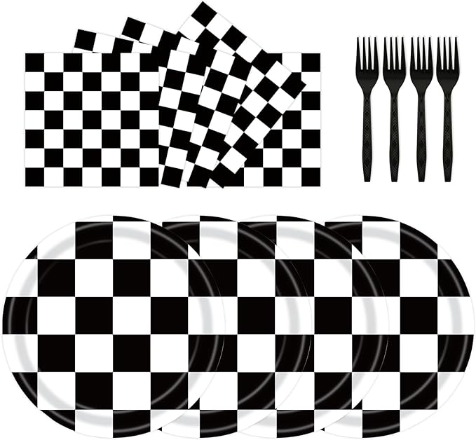 72Pcs Race Car Plates and Napkins, Black And White Checkered Flag Paper Plates and Napkins with Forks Disposable Tableware Set for Race Car Birthday Party Decorations