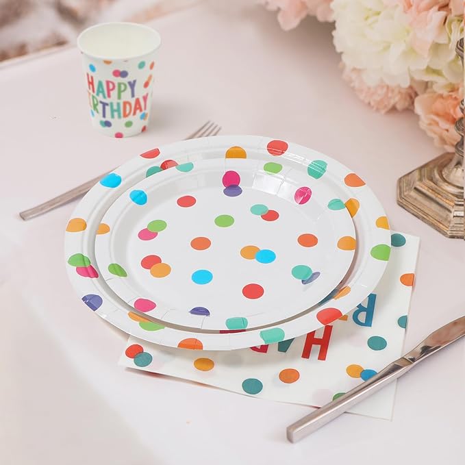 100Pcs Happy Birthday Plates and Napkins Colorful Polka Dots Paper Plates and Cups for Baby Shower Kids Birthday Party Decorations Supplies, Serves 25