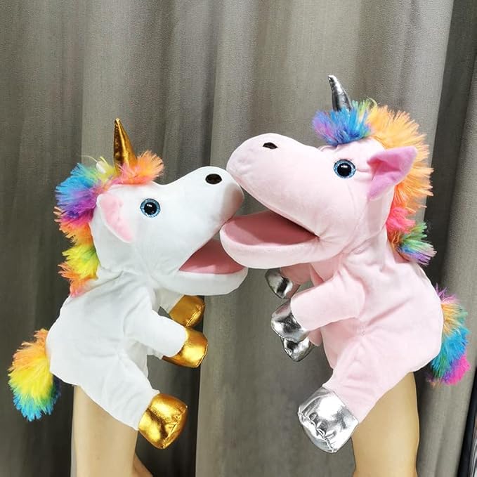 Hopearl Plush Unicorn Hand Puppet with Open Movable Mouth for Imaginative Play, Role Play, Interactive Toy for Storytelling Teaching Puppet Theater, Birthday Gifts for Kids Girls, White, 12''