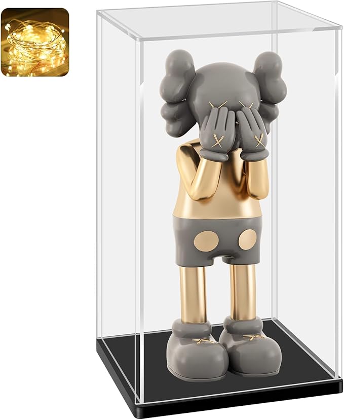 LANSCOERY Acrylic Display Case, Assemble Large Showcase Display Box for Collectibles, with Dustproof & Seamless Display Design, Compatible with Lego C-3PO 76989 21347, 12x10x16inch Thick Black Base