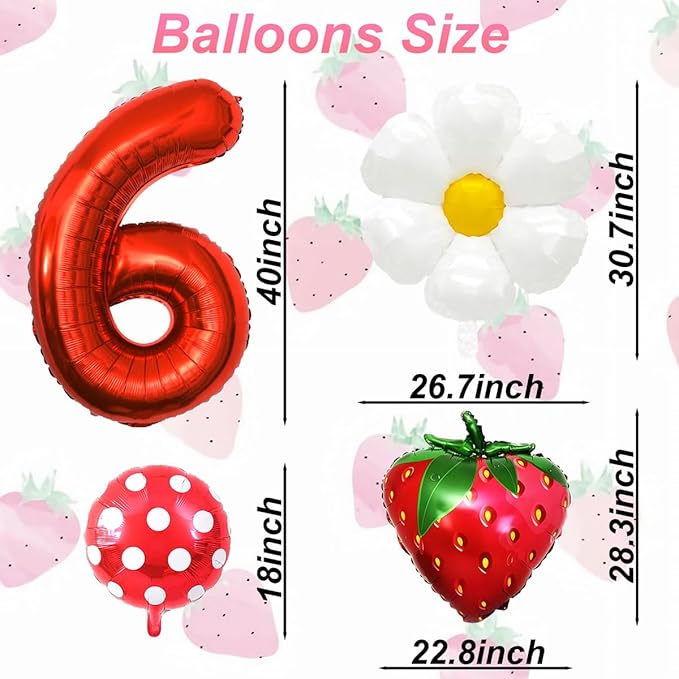 Strawberry Balloons Sixth Birthday Decorations for Girl, 40 Inch Mylar Red Number 6 Balloons, Strawberry Balloon for Strawberry Party Decorations, Strawberry Birthday Decorations